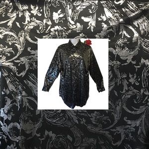 Vtg. Maggie Lawrence collection liquid metal metallic silver black button up top